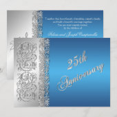 Invitation 25e Anniversaire Orné Argent Volutes avec Bleu (Devant / Derrière)