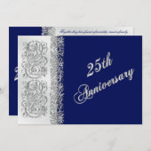 Invitation 25e Anniversaire Orné Argenté avec du Bleu Marine (Devant / Derrière)
