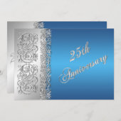 Invitation 25e Anniversaire Ornements Argentés avec Bleu (Devant / Derrière)