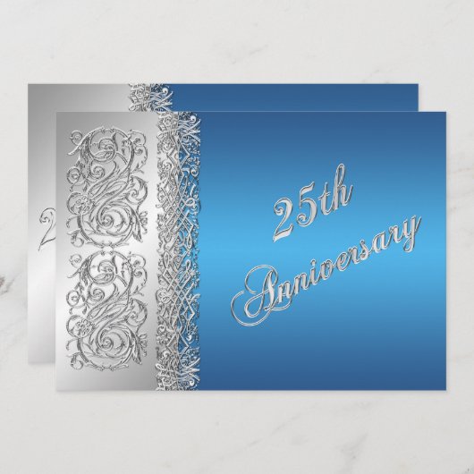 Invitation 25e Anniversaire Ornements Argentés avec Bleu (Devant / Derrière)