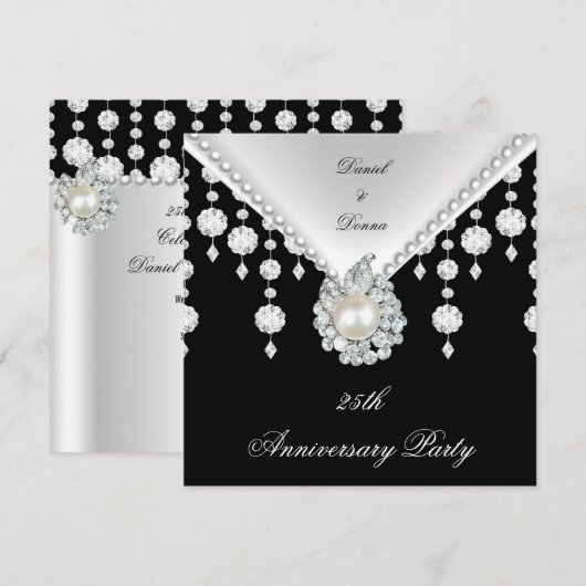 Invitation 25e Anniversaire Perle Blanche Noire Argent (Devant / Derrière)