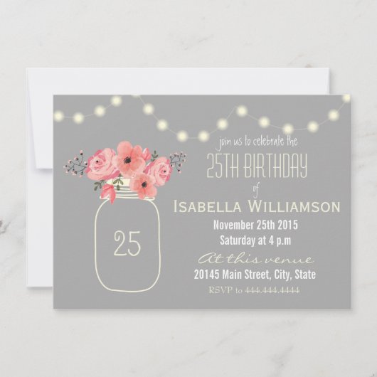 Invitation 25e anniversaire Pink Watercolor Flowers & Mason J (Devant)