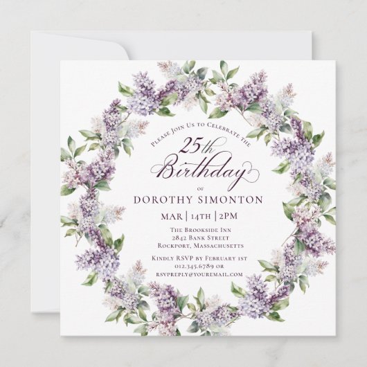 Invitation 25e anniversaire Purple Lilac Carré de fleurs de p (Devant)