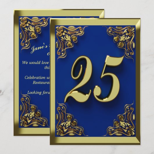 Invitation 25e anniversaire Regal Gold Blue Salutation ou (Devant / Derrière)