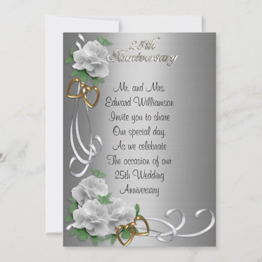 Invitation 25e anniversaire roses blanches satin a (Devant)