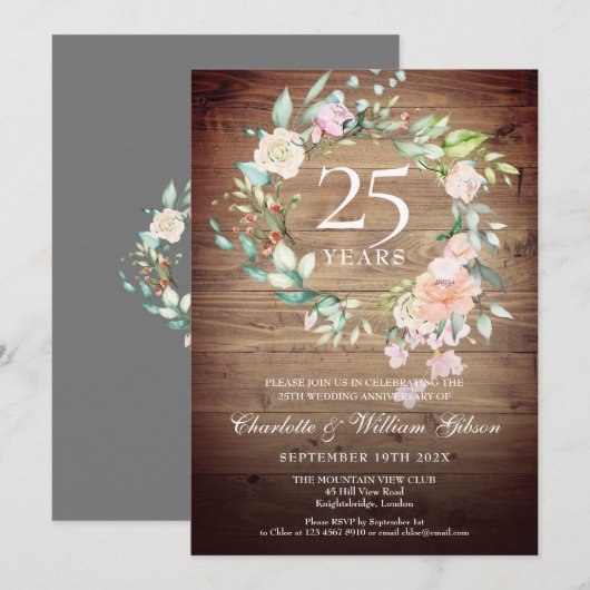 Invitation 25e anniversaire Rustic Boho Wood Roses Garland (Devant / Derrière)