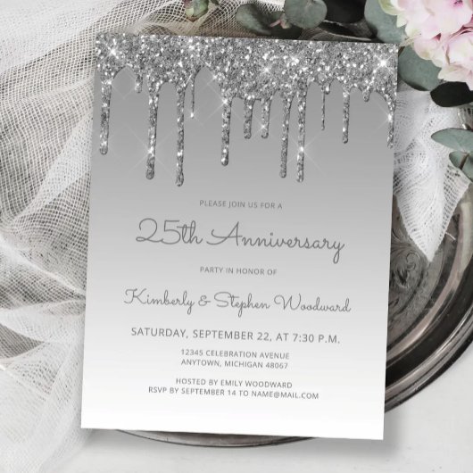 Invitation 25e anniversaire Silver Glitter Drip
