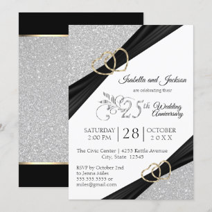 Invitation 25e anniversaire Silver Glitter et Gold Heart