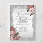 Invitation 25e anniversaire Silver Glitter | Floral Blush (Devant)