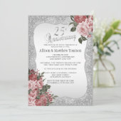 Invitation 25e anniversaire Silver Glitter | Floral Blush (Debout devant)