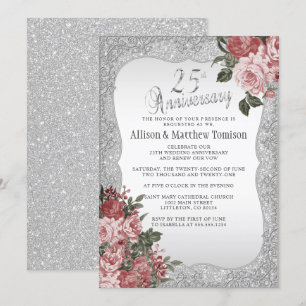 Invitation 25e anniversaire Silver Glitter   Floral Blush