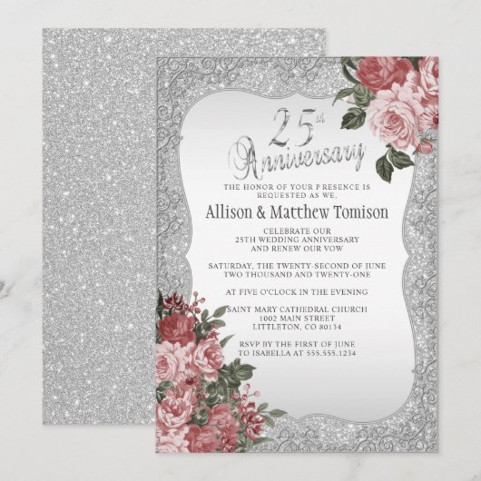 Invitation 25e anniversaire Silver Glitter | Floral rose pâle (Devant / Derrière)