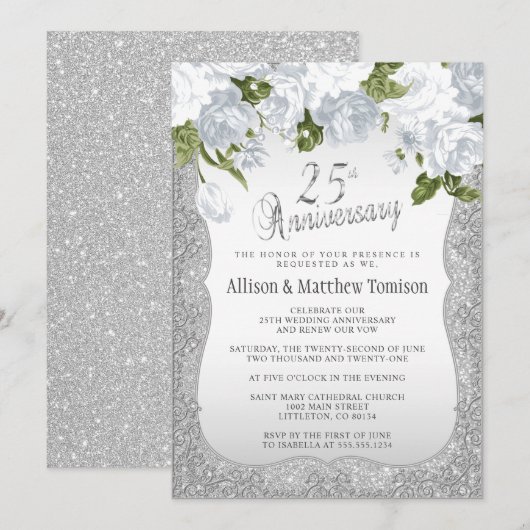 Invitation 25e Anniversaire Silver Glitter | Texte DIY (Devant / Derrière)