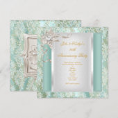 Invitation 25e Anniversaire Teal Damassé Argent Blanc 2 (Devant / Derrière)