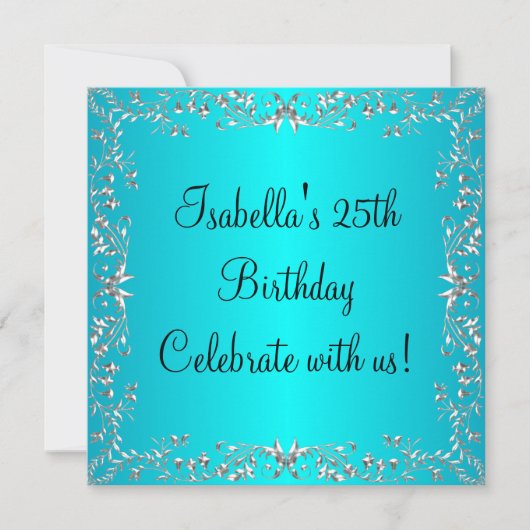 Invitation 25e anniversaire Turquoise & Silver Floral Metal (Devant)