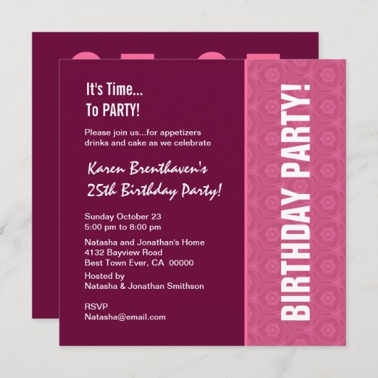 Invitation 25e anniversaire Vin moderne et Motif rose (Devant / Derrière)