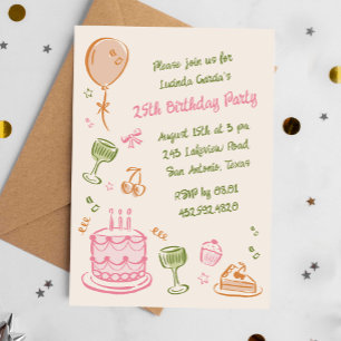 Invitation 25e Doodles colorés fête d'anniversaire