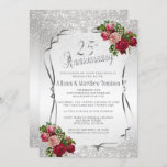 Invitation 25e édition de Glitter Wedding Anniversary | DIY t<br><div class="desc">25e Silver Glitter Wedding Anniversary Party Invite ready for you to personalize. Featuring à elegant silver glitter and red and rose flower design. ✔ NOTE : ONLY CHANGE THE MATRICE AREAS NEEDED ! 😀, you can remove the text and start fresh adding whatever text and font you like 📌 if...</div>