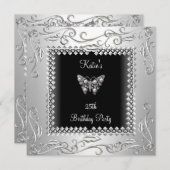 Invitation 25e fête d'anniversaire Papillon noir Argent Noir (Devant / Derrière)