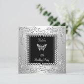 Invitation 25e fête d'anniversaire Papillon noir Argent Noir (Debout devant)