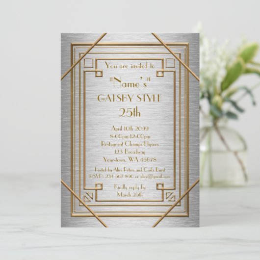 Invitation 25e, fête d'anniversaire, style Gatsby, argent & o (Debout devant)