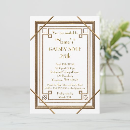 Invitation 25e, fête d'anniversaire, style Gatsby, blanc & or (Debout devant)