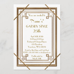 Invitation 25e, fête d'anniversaire, style Gatsby, blanc & or