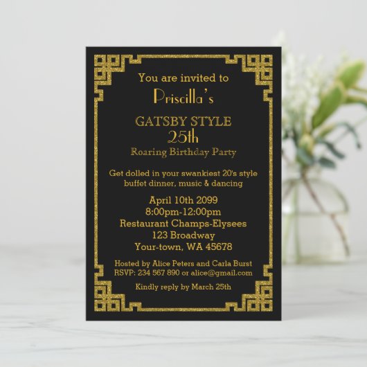 Invitation 25e, fête d'anniversaire, style Gatsby, noir & or (Debout devant)