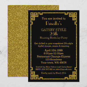Invitation 25e, fête d'anniversaire, style Gatsby, noir & or