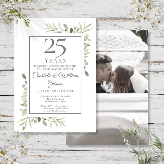 Invitation 25e Photo de noces d'argent avec feuillage pour an