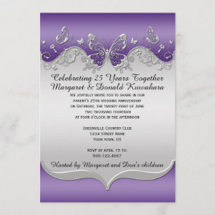 Invitation 25ème anniversaire de papillons fleuris argentés