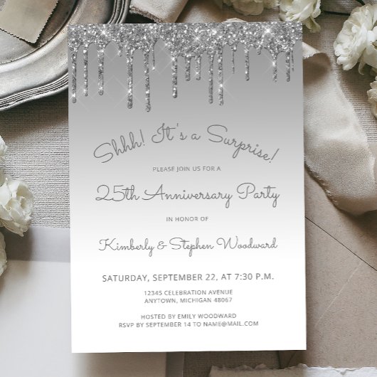 Invitation 25th Anniversary Silver Glitter Surprise Party