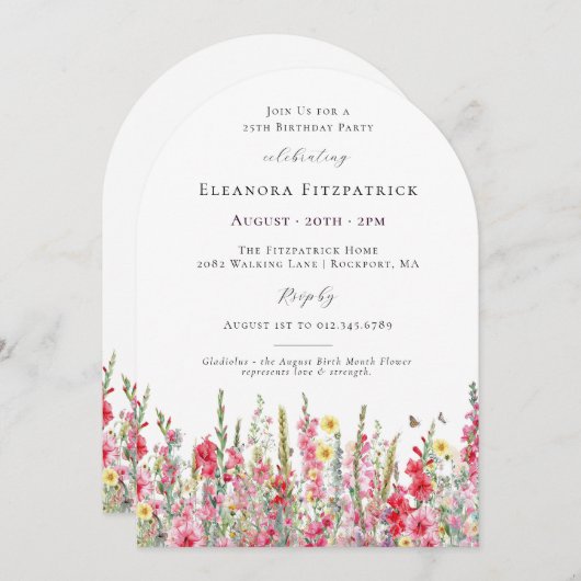 Invitation 25th Birthday August Birth Month Flower Gladiolus (Devant / Derrière)