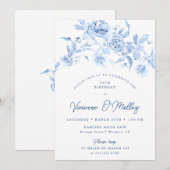 Invitation 25th Birthday Party Dusty Blue Floral (Devant / Derrière)