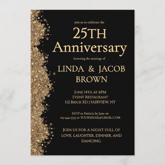 Invitation 25th Wedding Anniversary Gold Faux Glitter  (Devant)