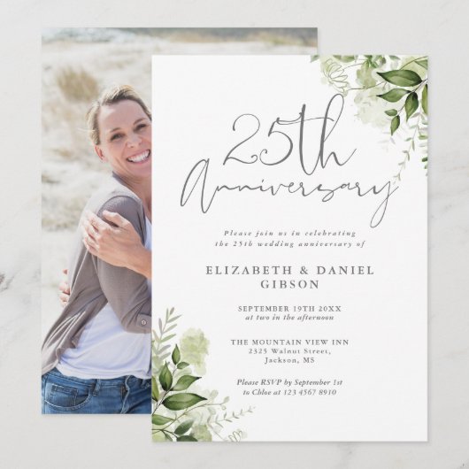 Invitation 25th Wedding Anniversary Greenery Floral Photo (Devant / Derrière)