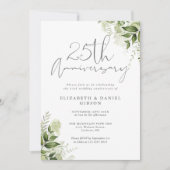 Invitation 25th Wedding Anniversary Greenery Silver Script (Devant)