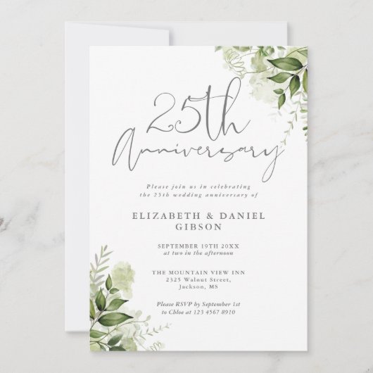 Invitation 25th Wedding Anniversary Greenery Silver Script (Devant)