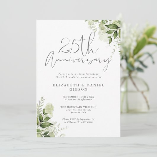 Invitation 25th Wedding Anniversary Greenery Silver Script (Debout devant)