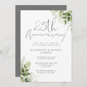 Invitation 25th Wedding Anniversary Greenery Silver Script (Devant / Derrière)