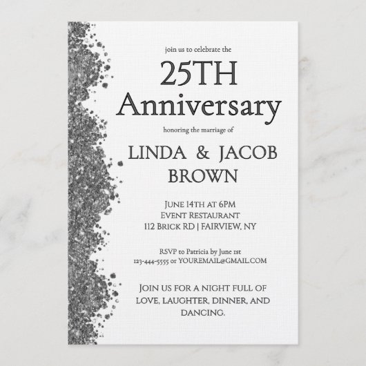 Invitation 25th Wedding Anniversary Silver Faux Glitter (Devant)