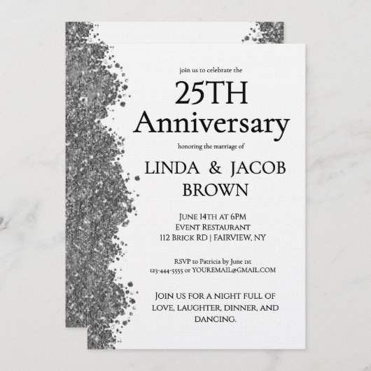 Invitation 25th Wedding Anniversary Silver Faux Glitter  (Devant / Derrière)