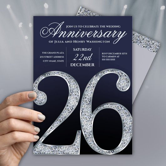 Invitation 26e Anniversaire Diamant Argent Bleu Foncé Années