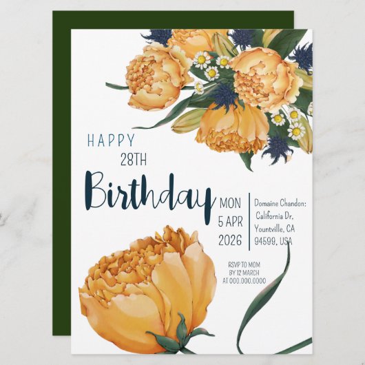 Invitation 28E Anniversaire Unique Fleurs de tulipe d'aquarel (Devant / Derrière)