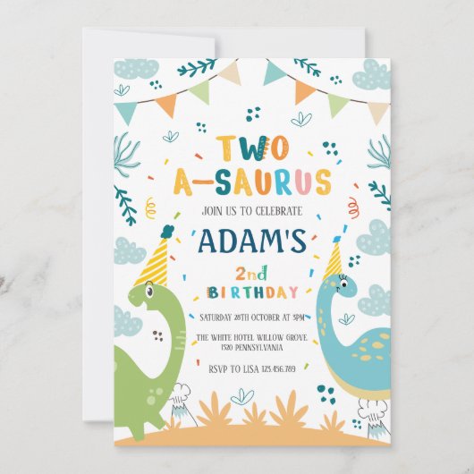 Invitation 2-a-saurus 2e anniversaire Dinosaure vert et bleu (Devant)
