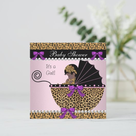Invitation 2 Baby shower mignonne bébé fille Léopard rose Bow (Debout devant)
