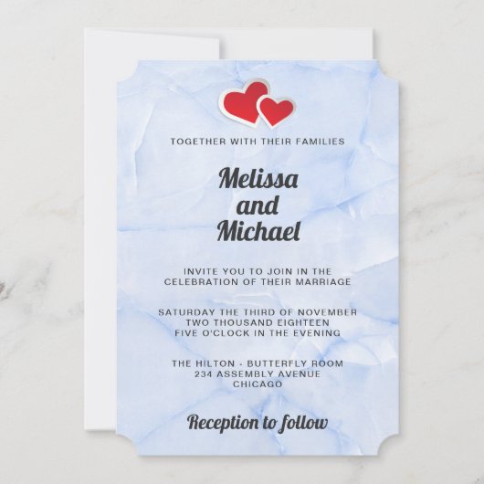 Invitation 2 Coeurs en papier rouge sur Mariage en marbre ble (Devant)