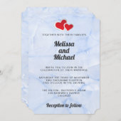 Invitation 2 Coeurs en papier rouge sur Mariage en marbre ble (Devant / Derrière)