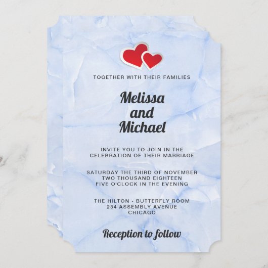 Invitation 2 Coeurs en papier rouge sur Mariage en marbre ble (Devant / Derrière)