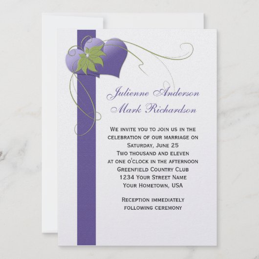 Invitation #2 Cœurs Violets Tourbillons Verts Mariages (Devant)